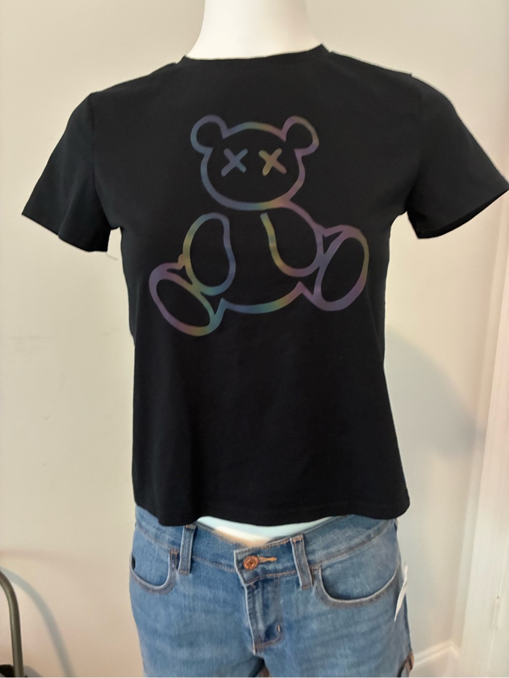 SHEIN Black Tee with Iridescent Rainbow Outline Bear Graphic